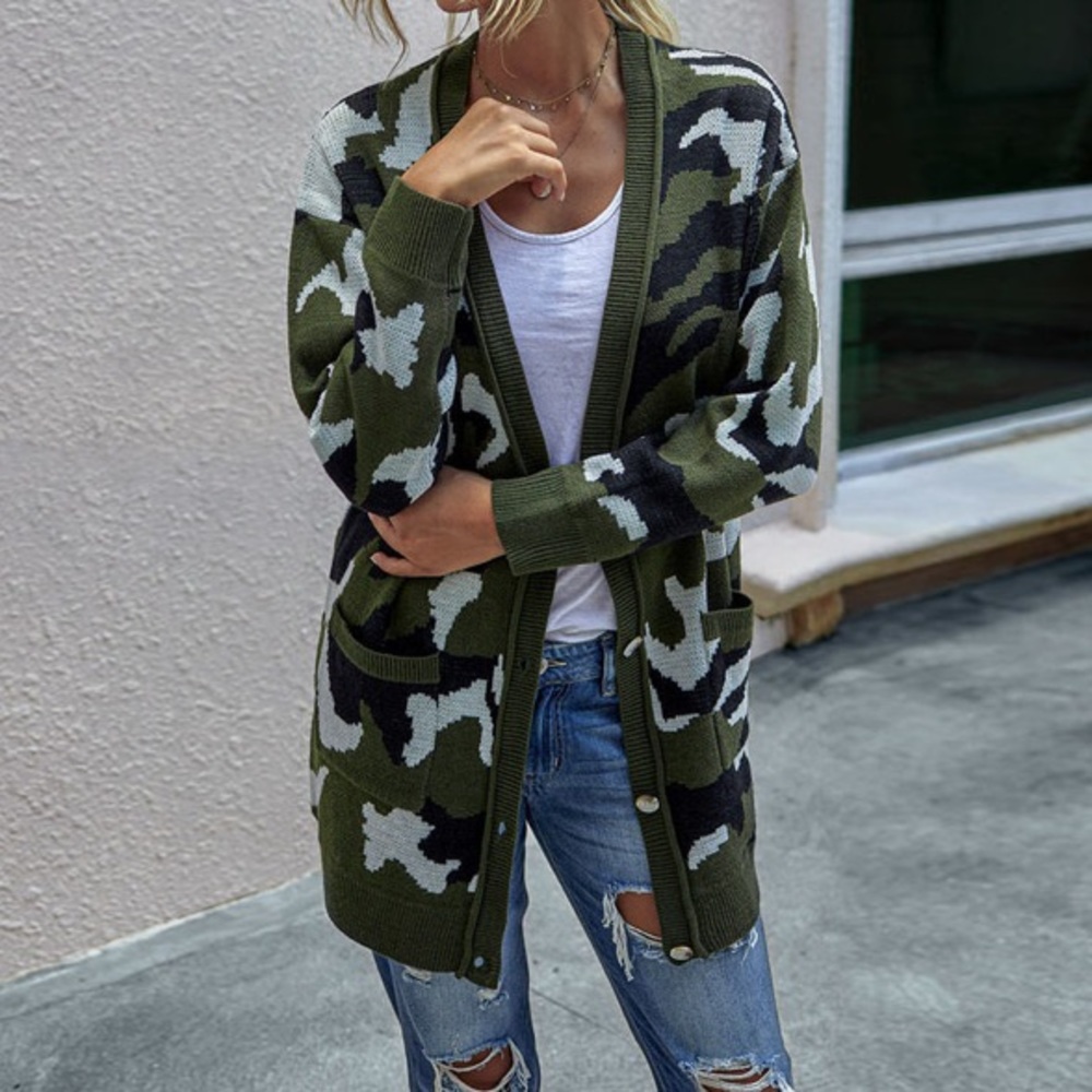 CLEARANCE Olive Camouflage Button Front Knit Cardigan - Picture 5 of 8